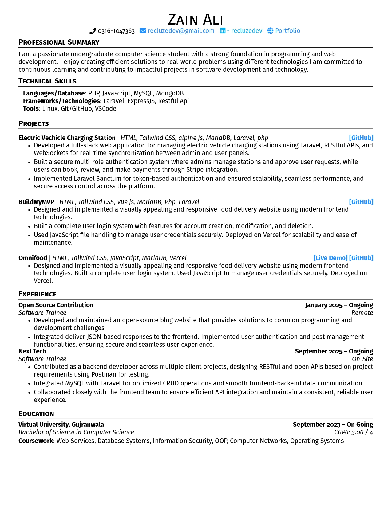 Zain Ali Resume